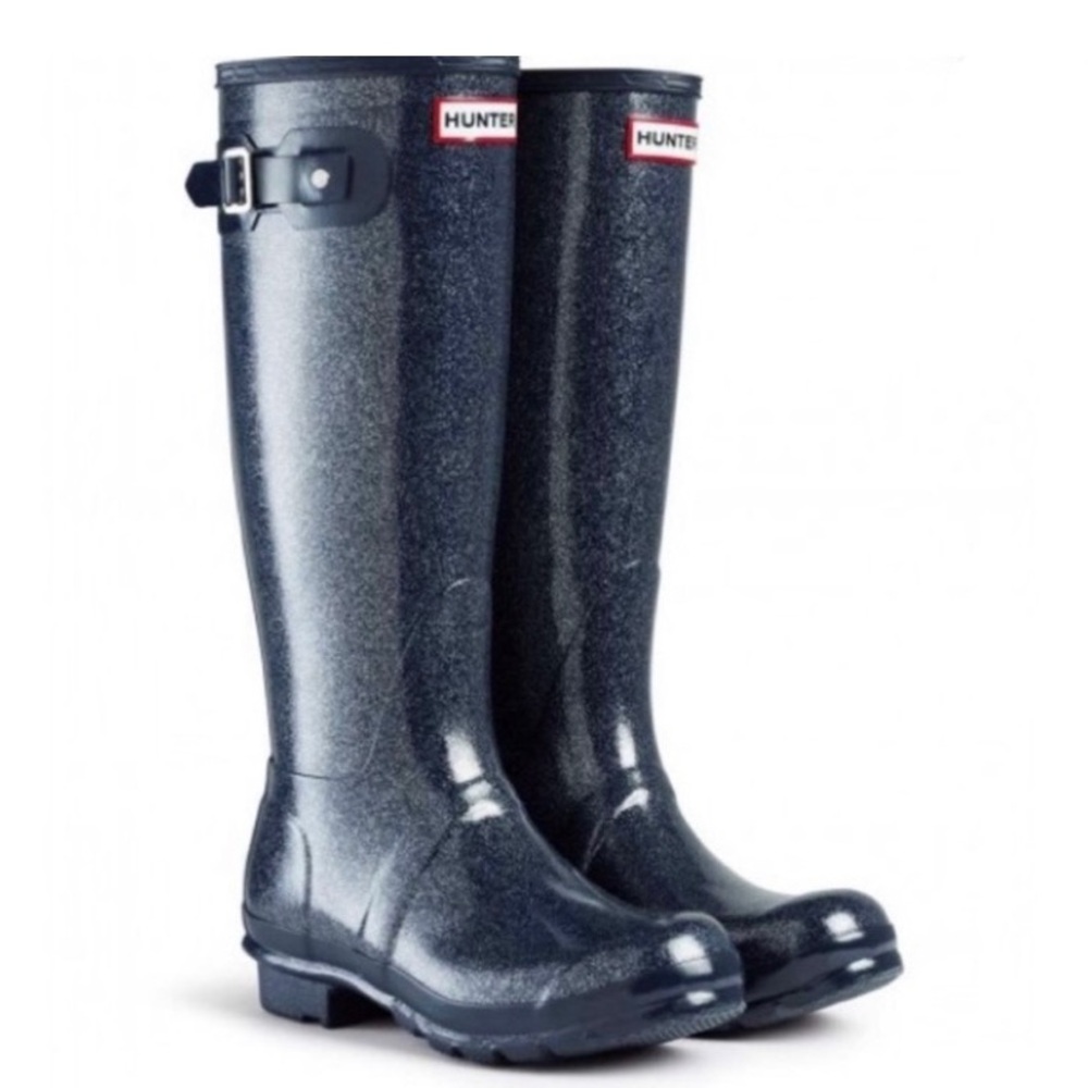 Hunter Navy Blue w Silver Sparkly Glitter Tall Rain Boots EUC